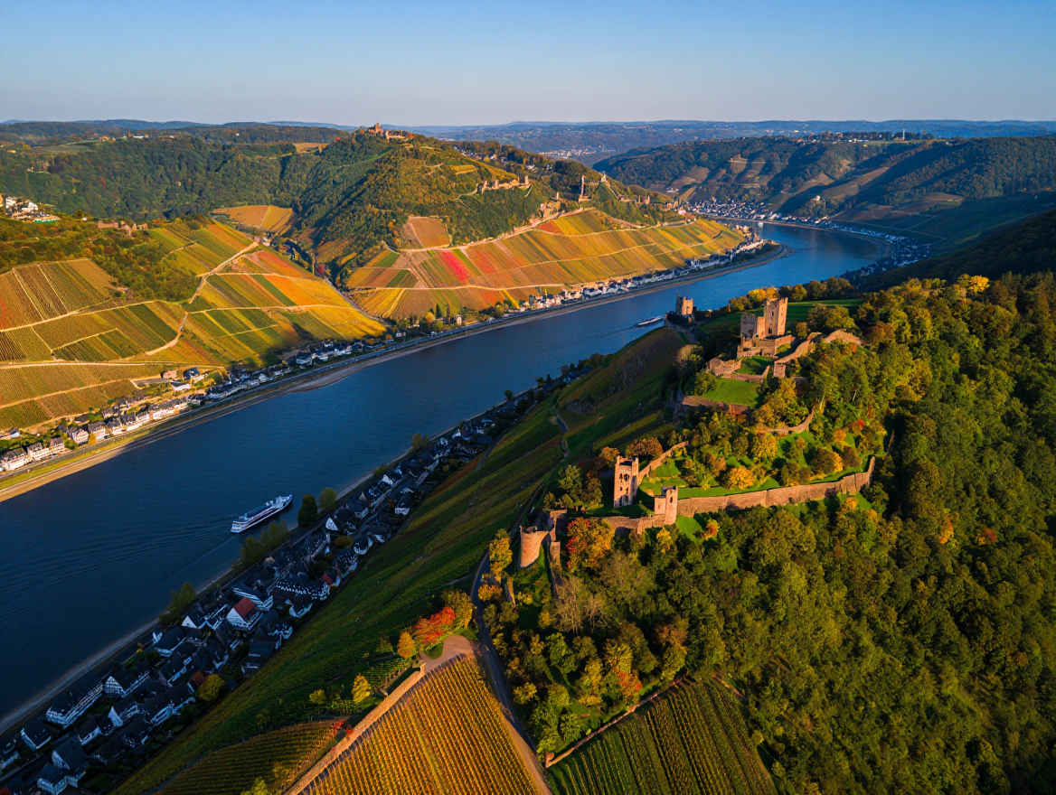 Rheintal mit Weinbergen und mittelalterlichen Burgen