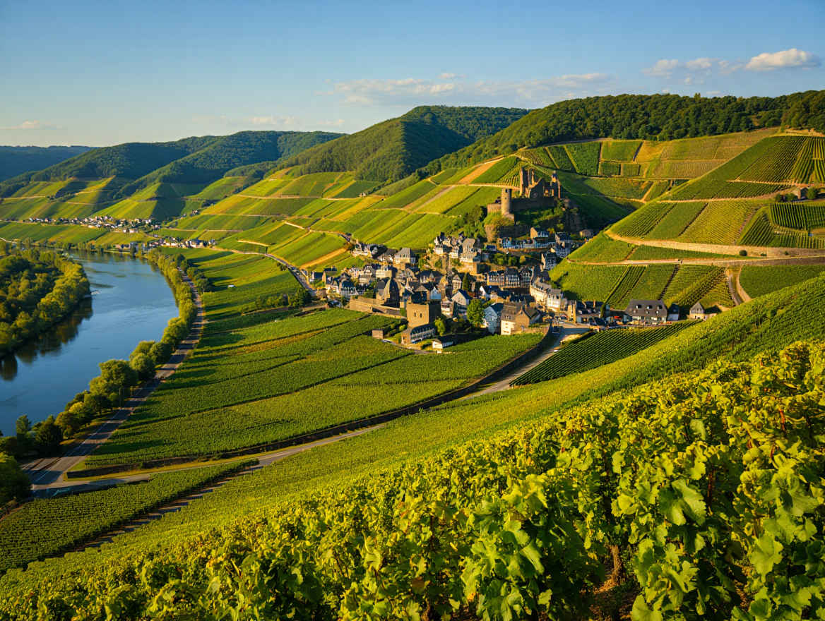Moseltal mit Weinbergen und Burgen